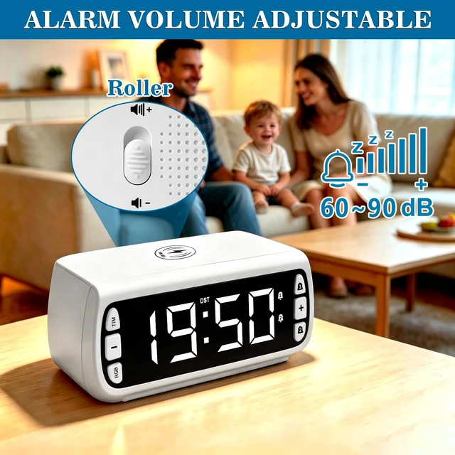 Alt view image 6 of 7 - Fomobest White Digital Alarm Clock with Wireless Charging, USB Port, Dimmable RGB LED Display, Adjustable Night Light, DST, Alarm Clocks for Bedrooms, Bedside, Desk, Nightstand, Bedside, Table, Office