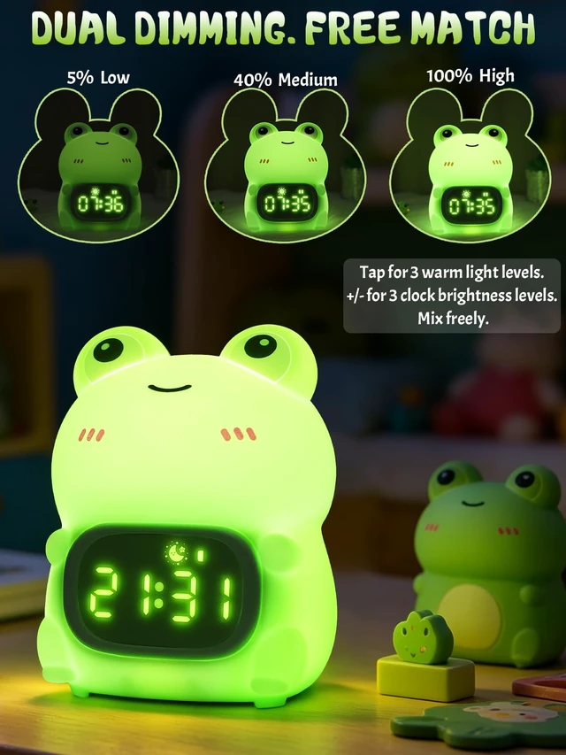 Alt view image 2 of 7 - Ammonite Cute Frog Night Light with Alarm Clock | Digital Clock with 8 Colors 3 Brightness, Dual Alarms, Timer, Snooze, Dimmable Touch Control Gift for Boys Girls