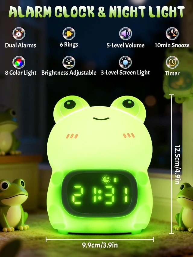 Alt view image 3 of 7 - Ammonite Cute Frog Night Light with Alarm Clock | Digital Clock with 8 Colors 3 Brightness, Dual Alarms, Timer, Snooze, Dimmable Touch Control Gift for Boys Girls