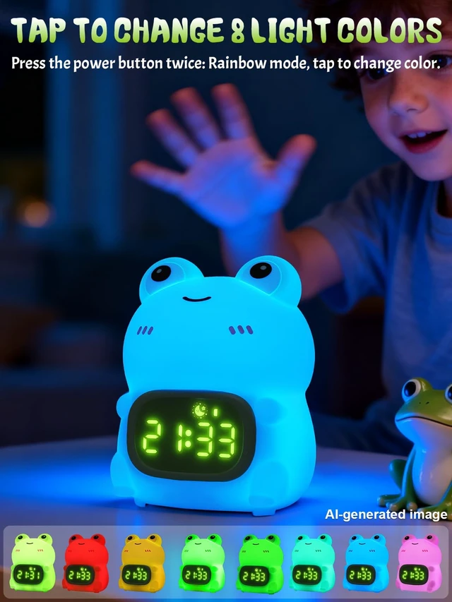 Alt view image 4 of 7 - Ammonite Cute Frog Night Light with Alarm Clock | Digital Clock with 8 Colors 3 Brightness, Dual Alarms, Timer, Snooze, Dimmable Touch Control Gift for Boys Girls