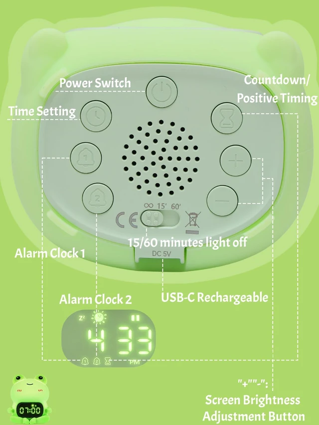 Alt view image 6 of 7 - Ammonite Cute Frog Night Light with Alarm Clock | Digital Clock with 8 Colors 3 Brightness, Dual Alarms, Timer, Snooze, Dimmable Touch Control Gift for Boys Girls
