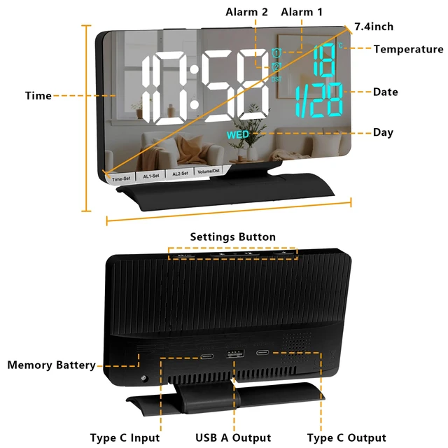 Alt view image 2 of 7 - SZELAM Digital Clock,Alarm Clock Bedside,7.3'' Large LED Mirror with Date | Temperature,Dual Alarm with 3 Mode,Brightnee Adjust,DST,USB C Charging Port,5 Levels Volume for Desk Bedroom Teens