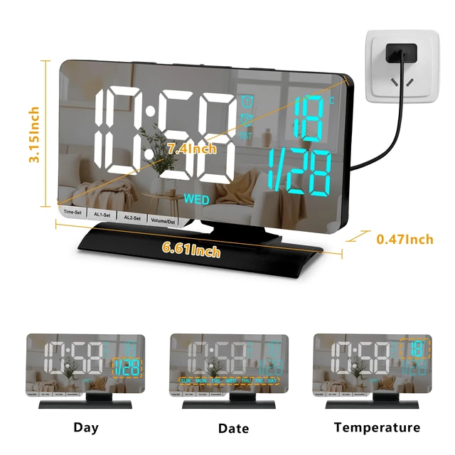 Alt view image 4 of 7 - SZELAM Digital Clock,Alarm Clock Bedside,7.3'' Large LED Mirror with Date | Temperature,Dual Alarm with 3 Mode,Brightnee Adjust,DST,USB C Charging Port,5 Levels Volume for Desk Bedroom Teens