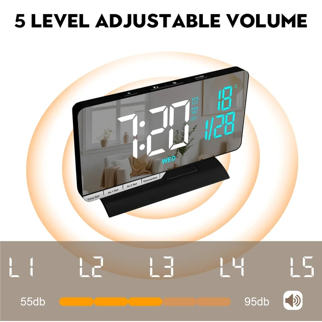 Alt view image 6 of 7 - SZELAM Digital Clock,Alarm Clock Bedside,7.3'' Large LED Mirror with Date | Temperature,Dual Alarm with 3 Mode,Brightnee Adjust,DST,USB C Charging Port,5 Levels Volume for Desk Bedroom Teens