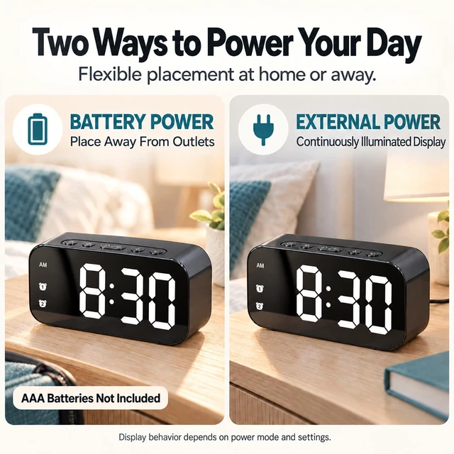Alt view image 2 of 7 - Alarm Clock Small Digital Desk for Bedrooms Bathroom Battery Operated Bedside Travel Powered Teens with Backup Simple Loud Nightstand Mini Large Display Table Desktop Office Shelf Seniors Portable LED