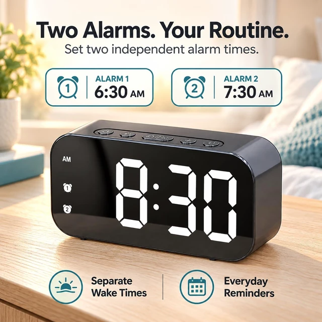 Alt view image 3 of 7 - Alarm Clock Small Digital Desk for Bedrooms Bathroom Battery Operated Bedside Travel Powered Teens with Backup Simple Loud Nightstand Mini Large Display Table Desktop Office Shelf Seniors Portable LED