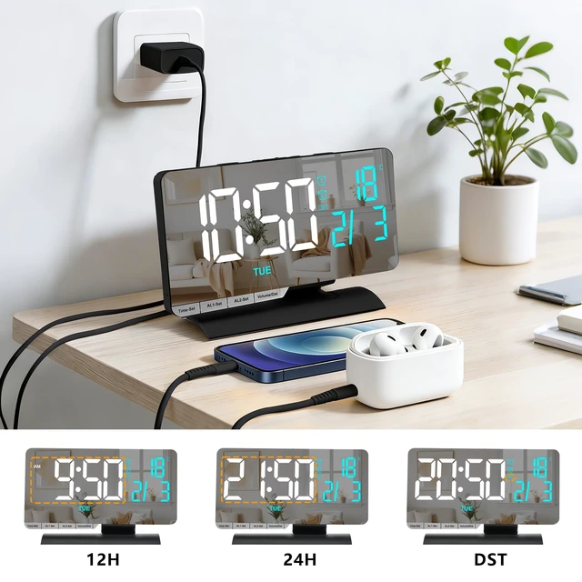 Alt view image 5 of 7 - SZELAM Digital Clock,Alarm Clock Bedside,7.3'' Large LED Mirror with Date | Temperature,Dual Alarm with 3 Mode,Brightnee Adjust,DST,USB C Charging Port,5 Levels Volume for Desk Bedroom Teens