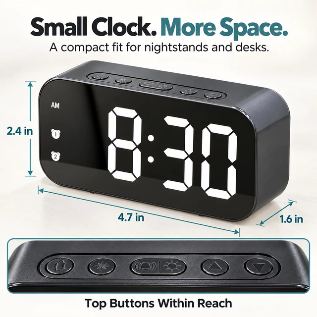 Alt view image 4 of 7 - Alarm Clock Small Digital Desk for Bedrooms Bathroom Battery Operated Bedside Travel Powered Teens with Backup Simple Loud Nightstand Mini Large Display Table Desktop Office Shelf Seniors Portable LED