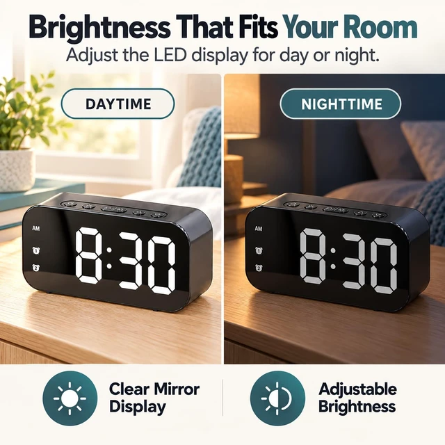 Alt view image 5 of 7 - Alarm Clock Small Digital Desk for Bedrooms Bathroom Battery Operated Bedside Travel Powered Teens with Backup Simple Loud Nightstand Mini Large Display Table Desktop Office Shelf Seniors Portable LED