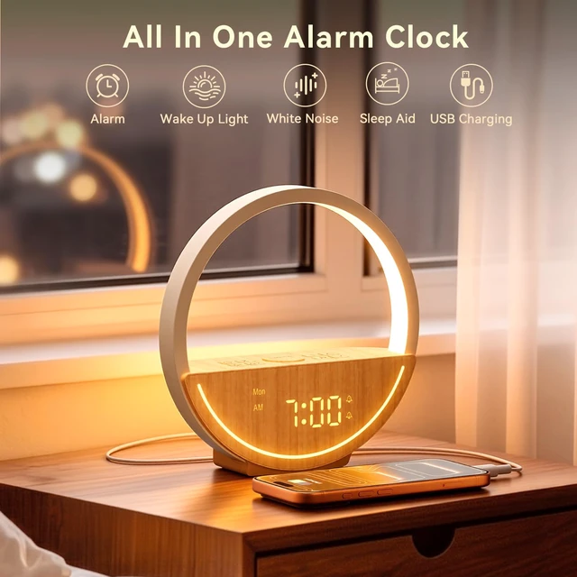Alt view image 2 of 7 - Alarm Clock with Sound Machine & Sunrise Lamp for Heavy Sleepers | Natural Gentle Wake Up Light with 20 Soothing Sleep Sounds, Digital Clock, Touch Control Light, Timer,Dual Alarms for Bedroom