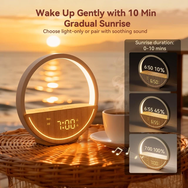 Alt view image 4 of 7 - Alarm Clock with Sound Machine & Sunrise Lamp for Heavy Sleepers | Natural Gentle Wake Up Light with 20 Soothing Sleep Sounds, Digital Clock, Touch Control Light, Timer,Dual Alarms for Bedroom