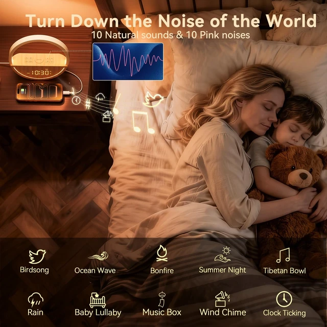 Alt view image 5 of 7 - Alarm Clock with Sound Machine & Sunrise Lamp for Heavy Sleepers | Natural Gentle Wake Up Light with 20 Soothing Sleep Sounds, Digital Clock, Touch Control Light, Timer,Dual Alarms for Bedroom