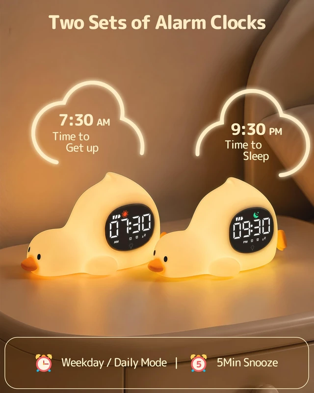 Alt view image 4 of 7 - Laying Duck Alarm Clock with Night Light for Kids, Ok to Wake Clock | Cute Kids Digital Desk Clock for Bedroom, Dual Alarm, Sleep Trainer, Multicolor Night Light, White Noise, Gift for Girls Boys