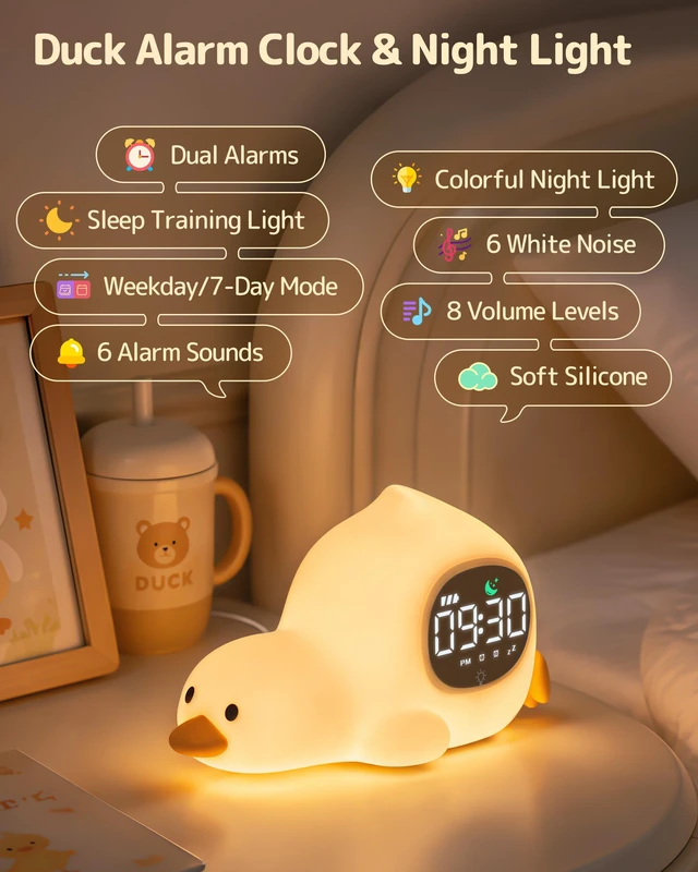 Alt view image 2 of 7 - Laying Duck Alarm Clock with Night Light for Kids, Ok to Wake Clock | Cute Kids Digital Desk Clock for Bedroom, Dual Alarm, Sleep Trainer, Multicolor Night Light, White Noise, Gift for Girls Boys