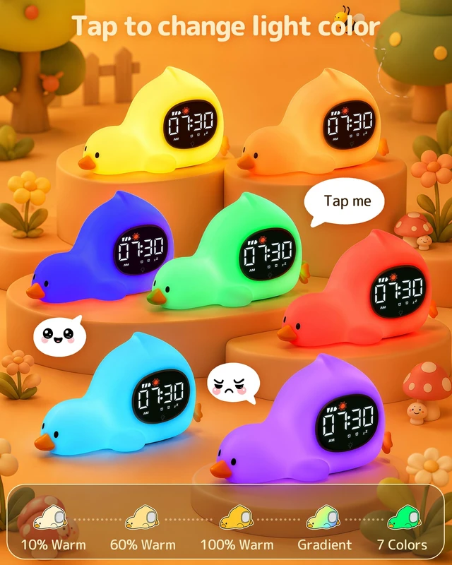 Alt view image 5 of 7 - Laying Duck Alarm Clock with Night Light for Kids, Ok to Wake Clock | Cute Kids Digital Desk Clock for Bedroom, Dual Alarm, Sleep Trainer, Multicolor Night Light, White Noise, Gift for Girls Boys