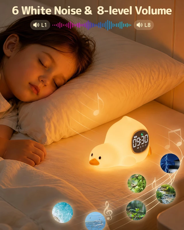 Alt view image 6 of 7 - Laying Duck Alarm Clock with Night Light for Kids, Ok to Wake Clock | Cute Kids Digital Desk Clock for Bedroom, Dual Alarm, Sleep Trainer, Multicolor Night Light, White Noise, Gift for Girls Boys