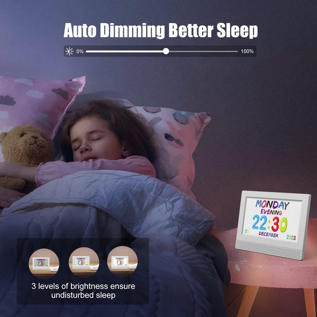 Alt view image 4 of 7 - Digital Alarm Clock with Voice Scene Reminders, 7" Eye-Caring Display | Watercolor Wallpapers, Auto Dimming DST/Calendar Clock, Sleep Trainer Easy Setup Gift-Ready Box for Kids Birthday with Remote
