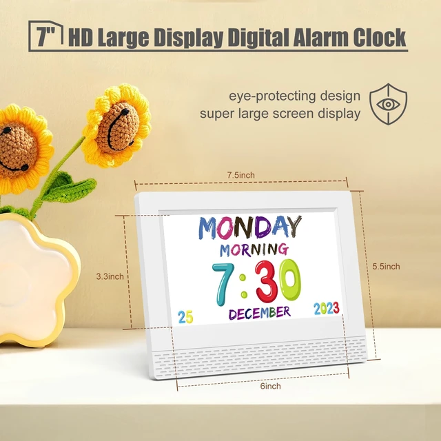 Alt view image 3 of 7 - Digital Alarm Clock with Voice Scene Reminders, 7" Eye-Caring Display | Watercolor Wallpapers, Auto Dimming DST/Calendar Clock, Sleep Trainer Easy Setup Gift-Ready Box for Kids Birthday with Remote