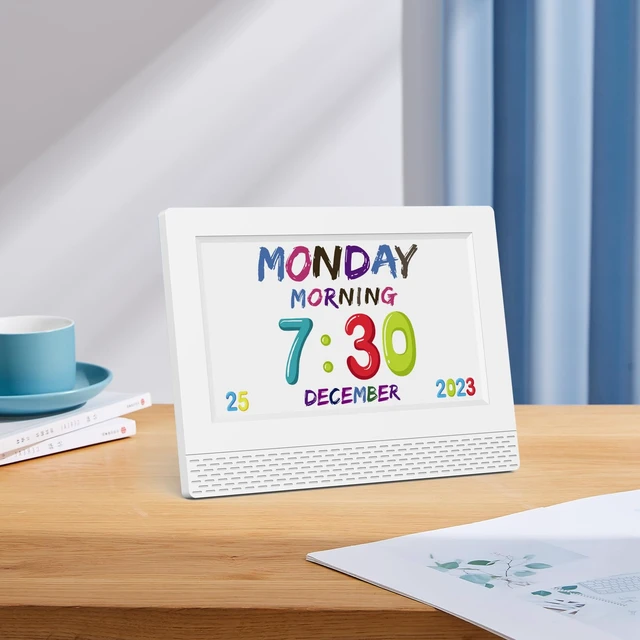 Alt view image 5 of 7 - Digital Alarm Clock with Voice Scene Reminders, 7" Eye-Caring Display | Watercolor Wallpapers, Auto Dimming DST/Calendar Clock, Sleep Trainer Easy Setup Gift-Ready Box for Kids Birthday with Remote