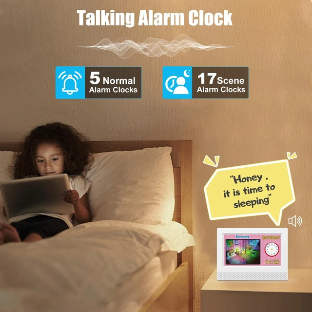 Alt view image 6 of 7 - Digital Alarm Clock with Voice Scene Reminders, 7" Eye-Caring Display | Watercolor Wallpapers, Auto Dimming DST/Calendar Clock, Sleep Trainer Easy Setup Gift-Ready Box for Kids Birthday with Remote