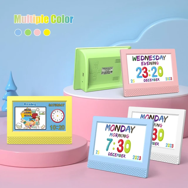 Alt view image 7 of 7 - Digital Alarm Clock with Voice Scene Reminders, 7" Eye-Caring Display | Watercolor Wallpapers, Auto Dimming DST/Calendar Clock, Sleep Trainer Easy Setup Gift-Ready Box for Kids Birthday with Remote