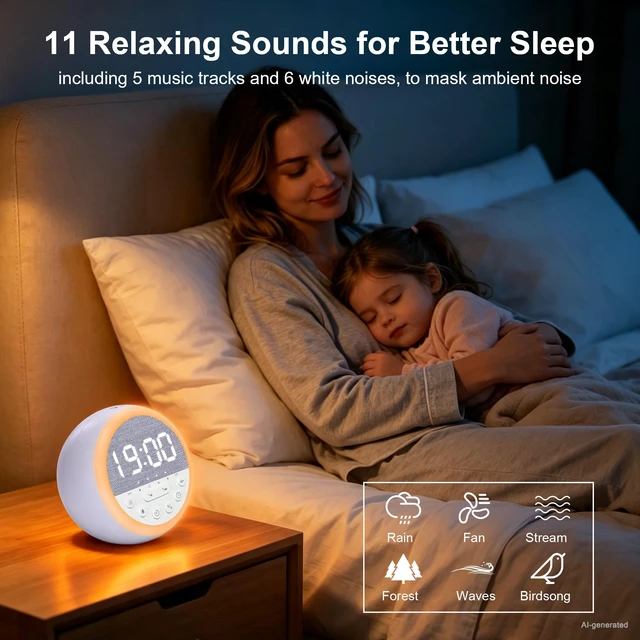 Alt view image 6 of 7 - Sunrise Alarm Clock with White Noise Sound Machine & RGB Night Light | Sleep Trainer, Wake-up Light, Adjustable Brightness, Rechargeable, Snooze, Timer for Kids, Adults, Babies, Bedroom, Easy Use