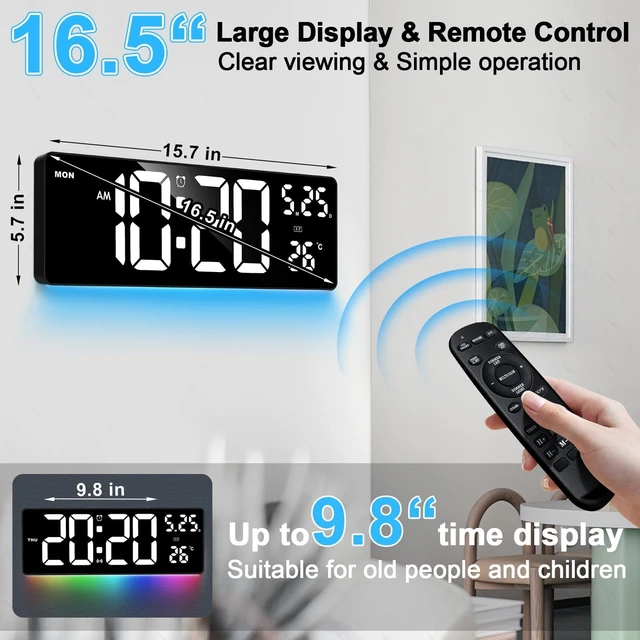Alt view image 2 of 7 - Xflyee 16.5" Digital Wall Clock, Remote, 6-Color Dimmable Night Light | Dual Alarms with Snooze, Indoor Temperature Display, Desk & Wall Mountable, Ideal for Home Bedroom, Great Gift Choice