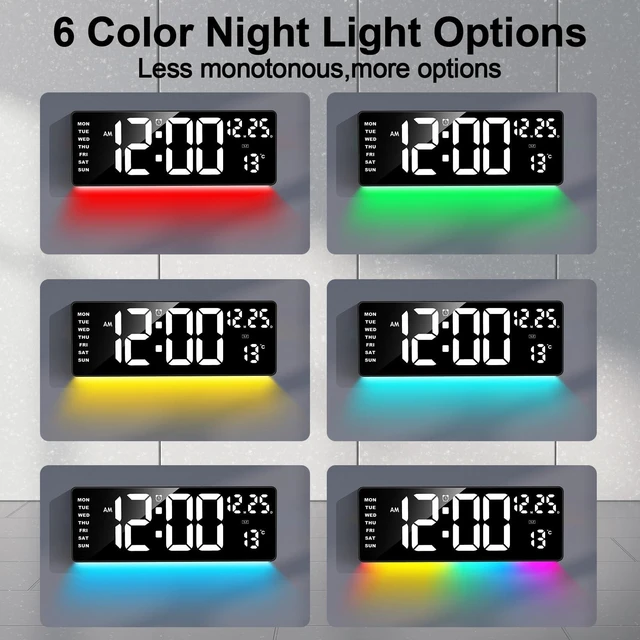Alt view image 3 of 7 - Xflyee 16.5" Digital Wall Clock, Remote, 6-Color Dimmable Night Light | Dual Alarms with Snooze, Indoor Temperature Display, Desk & Wall Mountable, Ideal for Home Bedroom, Great Gift Choice