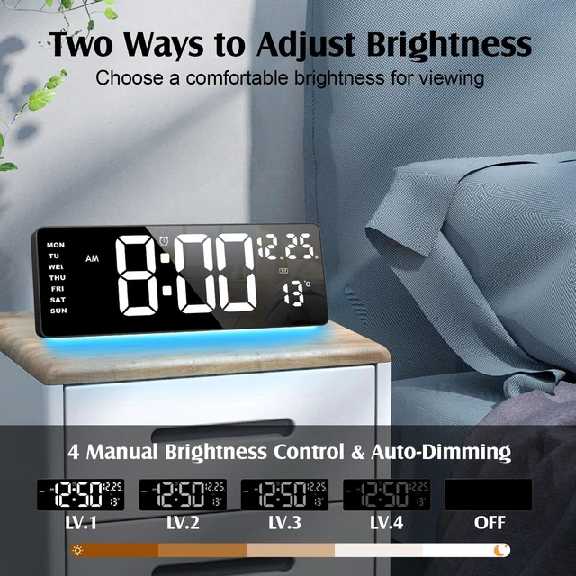 Alt view image 4 of 7 - Xflyee 16.5" Digital Wall Clock, Remote, 6-Color Dimmable Night Light | Dual Alarms with Snooze, Indoor Temperature Display, Desk & Wall Mountable, Ideal for Home Bedroom, Great Gift Choice