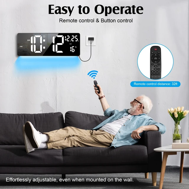 Alt view image 5 of 7 - Xflyee 16.5" Digital Wall Clock, Remote, 6-Color Dimmable Night Light | Dual Alarms with Snooze, Indoor Temperature Display, Desk & Wall Mountable, Ideal for Home Bedroom, Great Gift Choice