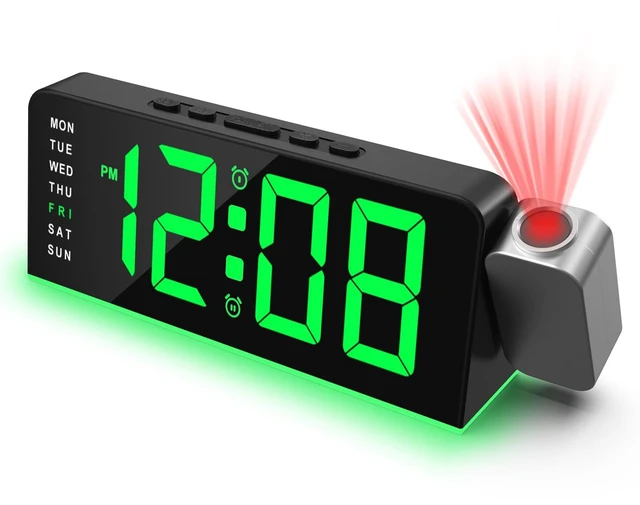 Main image of Projection Alarm Clock for Bedroom, Digital Night Light Clock with 180° Projector on Ceiling, 3 Level Brightness, USB Charger, Temperature, Dual Alarms for Kids, Heavy Sleepers, Snooze, 12/24H (Green)