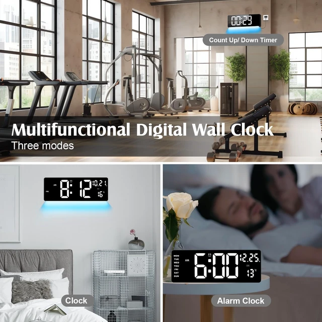 Alt view image 7 of 7 - Xflyee 16.5" Digital Wall Clock, Remote, 6-Color Dimmable Night Light | Dual Alarms with Snooze, Indoor Temperature Display, Desk & Wall Mountable, Ideal for Home Bedroom, Great Gift Choice