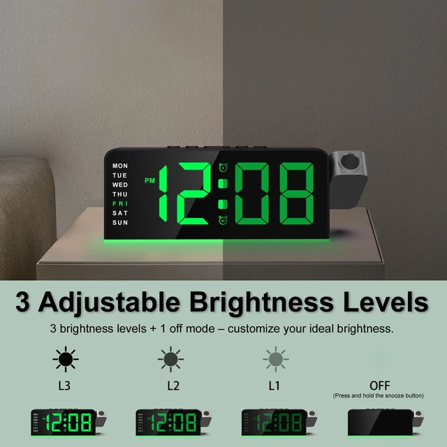 Alt view image 3 of 7 - Projection Alarm Clock for Bedroom, Digital Night Light Clock with 180° Projector on Ceiling, 3 Level Brightness, USB Charger, Temperature, Dual Alarms for Kids, Heavy Sleepers, Snooze, 12/24H (Green)