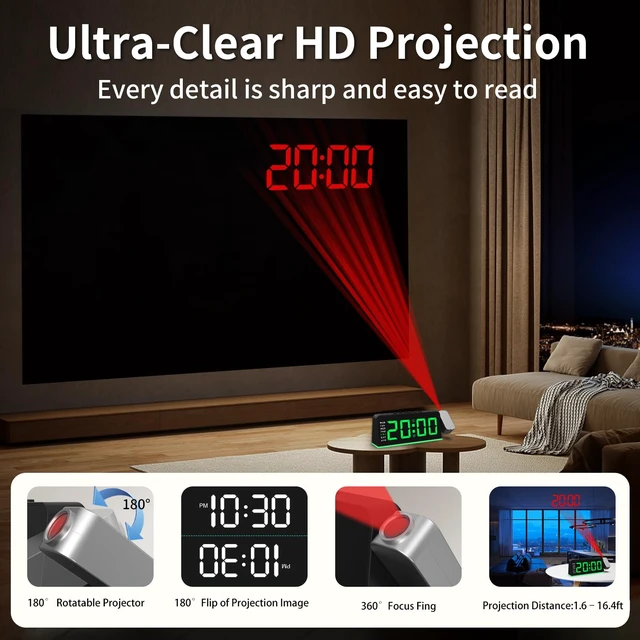 Alt view image 2 of 7 - Projection Alarm Clock for Bedroom, Digital Night Light Clock with 180° Projector on Ceiling, 3 Level Brightness, USB Charger, Temperature, Dual Alarms for Kids, Heavy Sleepers, Snooze, 12/24H (Green)