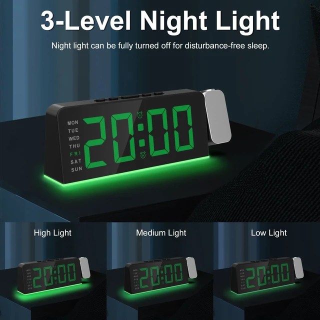 Alt view image 4 of 7 - Projection Alarm Clock for Bedroom, Digital Night Light Clock with 180° Projector on Ceiling, 3 Level Brightness, USB Charger, Temperature, Dual Alarms for Kids, Heavy Sleepers, Snooze, 12/24H (Green)
