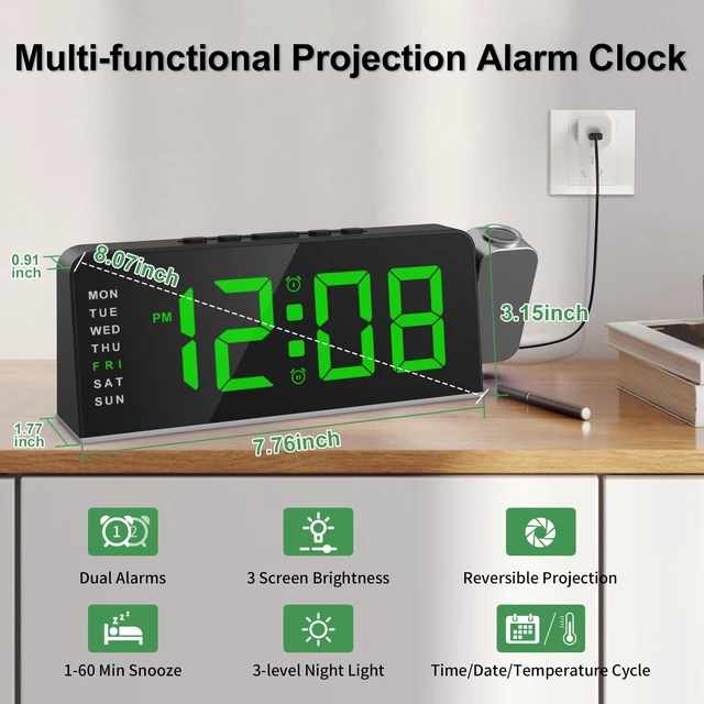 Alt view image 6 of 7 - Projection Alarm Clock for Bedroom, Digital Night Light Clock with 180° Projector on Ceiling, 3 Level Brightness, USB Charger, Temperature, Dual Alarms for Kids, Heavy Sleepers, Snooze, 12/24H (Green)