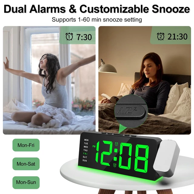 Alt view image 5 of 7 - Projection Alarm Clock for Bedroom, Digital Night Light Clock with 180° Projector on Ceiling, 3 Level Brightness, USB Charger, Temperature, Dual Alarms for Kids, Heavy Sleepers, Snooze, 12/24H (Green)