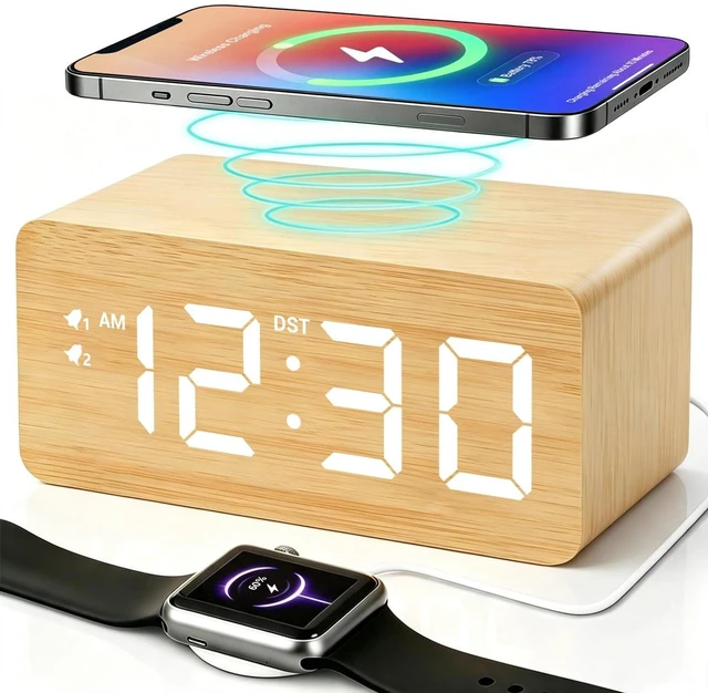 Main image of Premium Bamboo Wooden Digital Alarm Clock with Wireless Charger, Dual USB Charging Ports, Dimmable Large Time Display, DST, Snooze, Small Digital Desk Clock for Bedrooms Nightstand Bedside Office