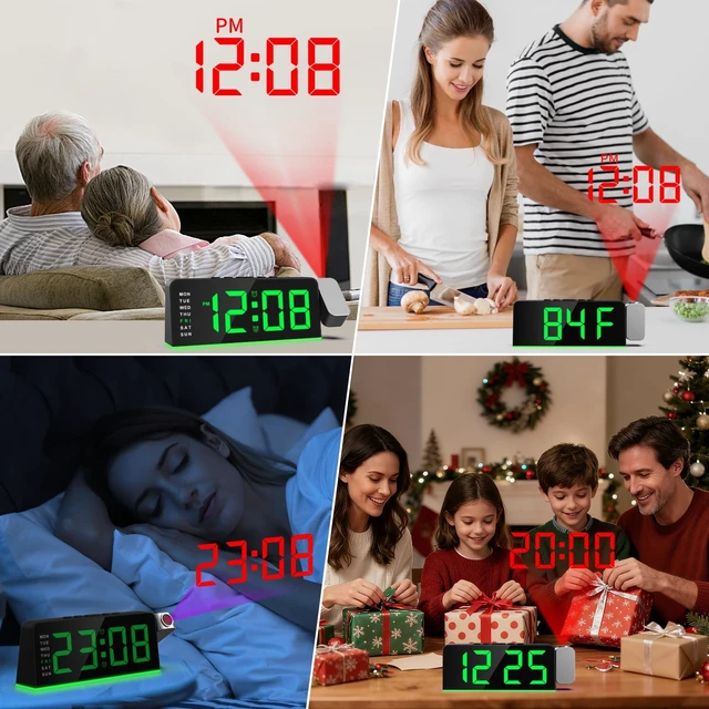 Alt view image 7 of 7 - Projection Alarm Clock for Bedroom, Digital Night Light Clock with 180° Projector on Ceiling, 3 Level Brightness, USB Charger, Temperature, Dual Alarms for Kids, Heavy Sleepers, Snooze, 12/24H (Green)