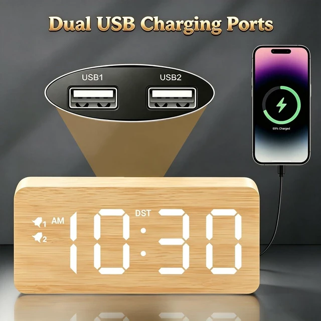 Alt view image 3 of 7 - Premium Bamboo Wooden Digital Alarm Clock with Wireless Charger, Dual USB Charging Ports, Dimmable Large Time Display, DST, Snooze, Small Digital Desk Clock for Bedrooms Nightstand Bedside Office