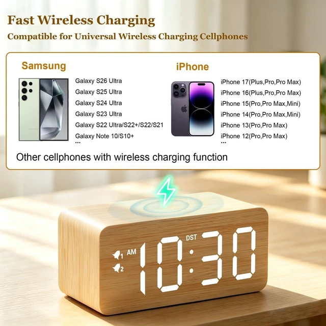 Alt view image 4 of 7 - Premium Bamboo Wooden Digital Alarm Clock with Wireless Charger, Dual USB Charging Ports, Dimmable Large Time Display, DST, Snooze, Small Digital Desk Clock for Bedrooms Nightstand Bedside Office