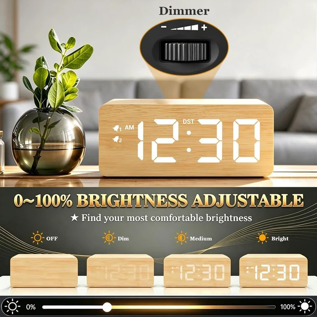 Alt view image 5 of 7 - Premium Bamboo Wooden Digital Alarm Clock with Wireless Charger, Dual USB Charging Ports, Dimmable Large Time Display, DST, Snooze, Small Digital Desk Clock for Bedrooms Nightstand Bedside Office