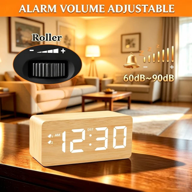 Alt view image 6 of 7 - Premium Bamboo Wooden Digital Alarm Clock with Wireless Charger, Dual USB Charging Ports, Dimmable Large Time Display, DST, Snooze, Small Digital Desk Clock for Bedrooms Nightstand Bedside Office