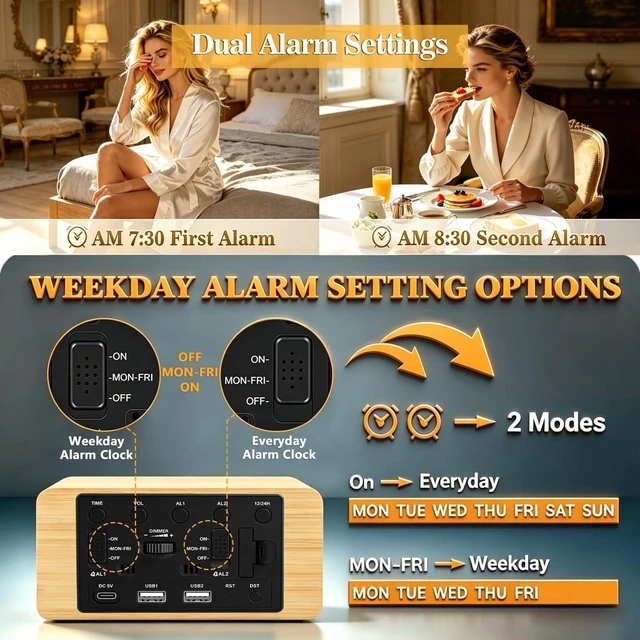 Alt view image 7 of 7 - Premium Bamboo Wooden Digital Alarm Clock with Wireless Charger, Dual USB Charging Ports, Dimmable Large Time Display, DST, Snooze, Small Digital Desk Clock for Bedrooms Nightstand Bedside Office