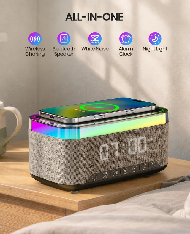 Alt view image 2 of 7 - Tempospark Alarm Clock with Wireless Charging, Alarm Clocks for Bedrooms with Bluetooth, RGB Night Light - Multi-Functional Alarm Clock for Adults & Teens Gifts Black
