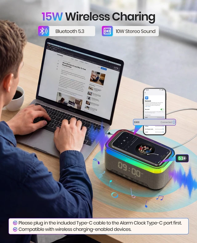 Alt view image 3 of 7 - Tempospark Alarm Clock with Wireless Charging, Alarm Clocks for Bedrooms with Bluetooth, RGB Night Light - Multi-Functional Alarm Clock for Adults & Teens Gifts Black