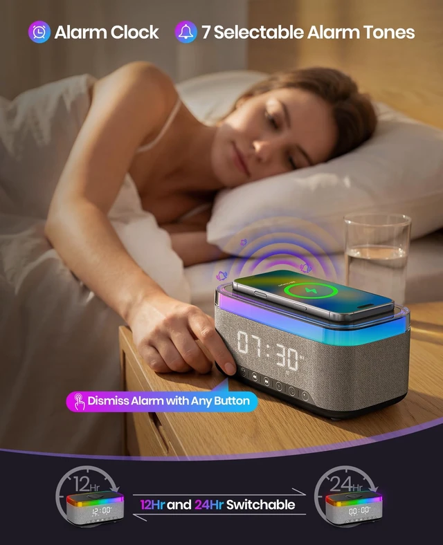 Alt view image 4 of 7 - Tempospark Alarm Clock with Wireless Charging, Alarm Clocks for Bedrooms with Bluetooth, RGB Night Light - Multi-Functional Alarm Clock for Adults & Teens Gifts Black