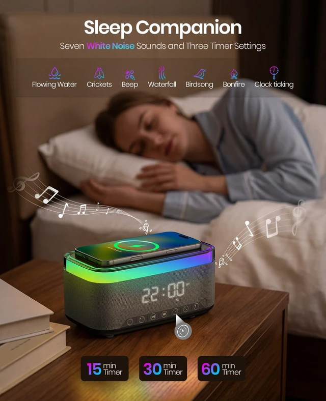 Alt view image 5 of 7 - Tempospark Alarm Clock with Wireless Charging, Alarm Clocks for Bedrooms with Bluetooth, RGB Night Light - Multi-Functional Alarm Clock for Adults & Teens Gifts Black
