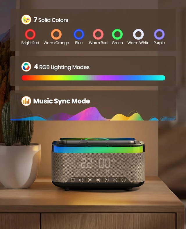 Alt view image 6 of 7 - Tempospark Alarm Clock with Wireless Charging, Alarm Clocks for Bedrooms with Bluetooth, RGB Night Light - Multi-Functional Alarm Clock for Adults & Teens Gifts Black