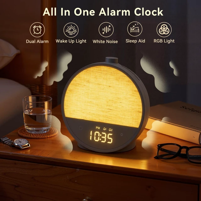Alt view image 2 of 7 - Vivilumens Sunrise Alarm Clock for Bedroom, Sleep Sound Machine with Light | 15mins Sunrise Simulation, 10 Natural Sounds, Dual Alarms, 8 RGB Night Lights, Dimmable Digital Clocks, Latte